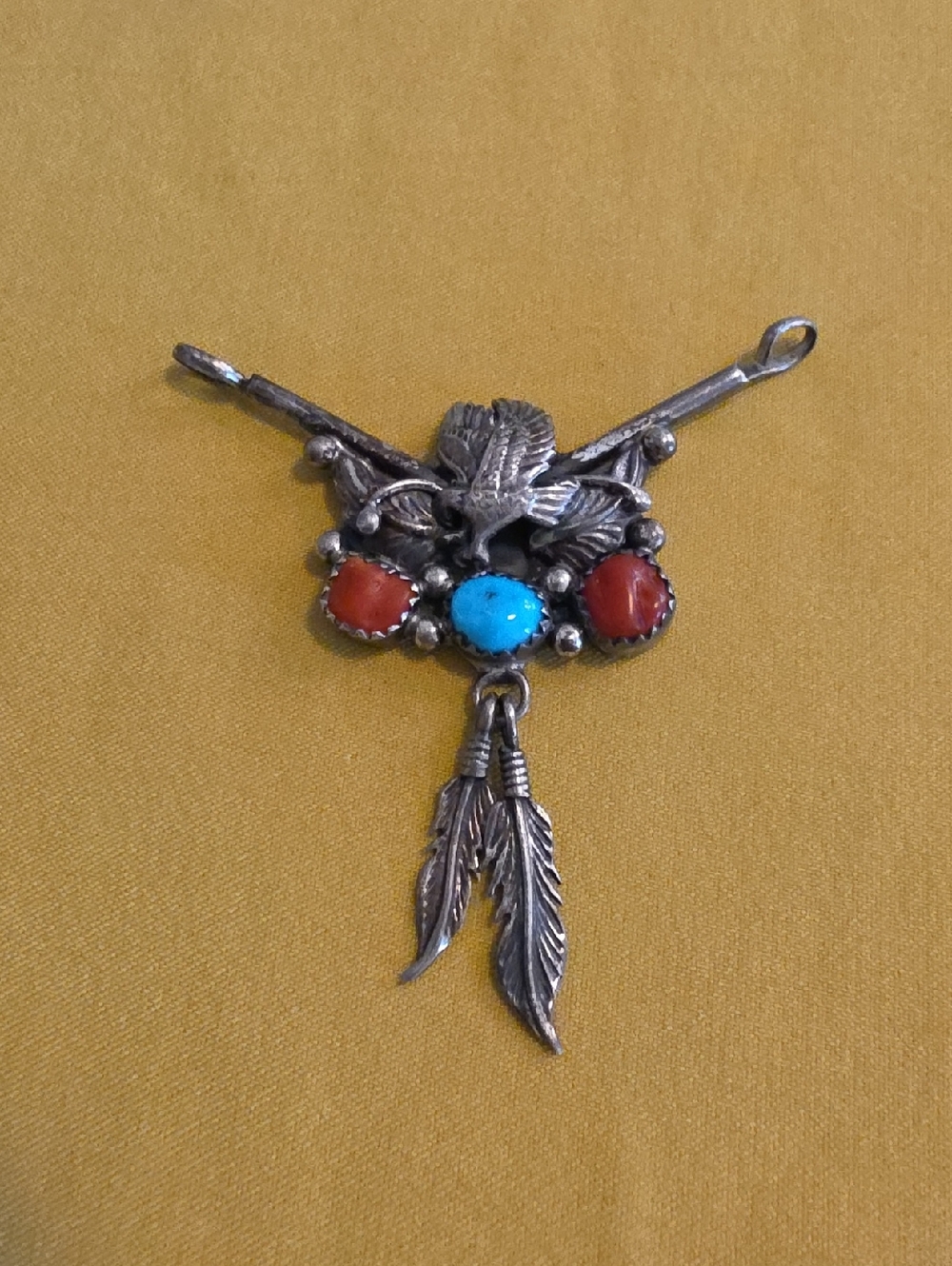 Vintage Navajo Dual Loop Sterling Pendant - Silver Eagle w/Turquoise & Red Coral